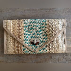 Handwoven Straw Clutch in Natural and Teal